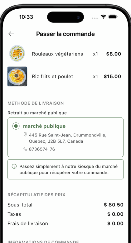 Écran de confirmation de commande