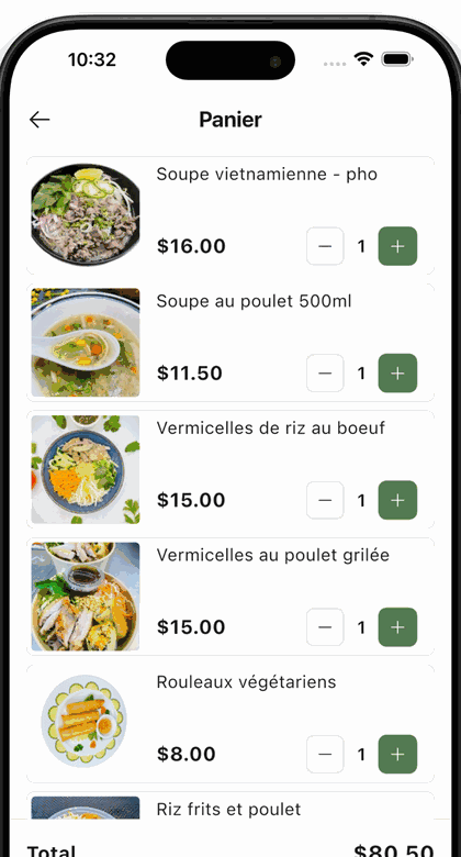 Écran du panier dans l'application SOS Bouffe